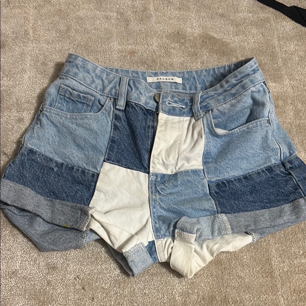 PacSun Blue and White Patchwork Jean Shorts